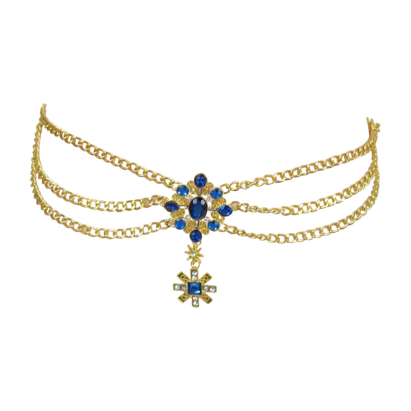 Brand New Women Rusty Gold Metal Chain Belt British Blue Cross Star Charms M