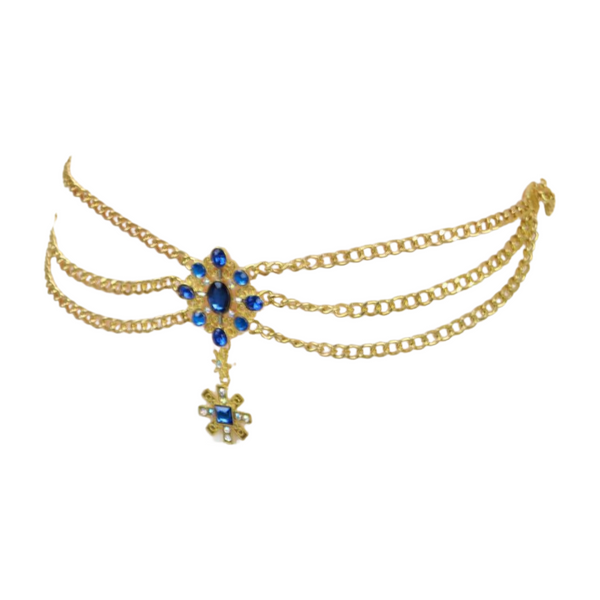 Brand New Women Rusty Gold Metal Chain Belt British Blue Cross Star Charms M