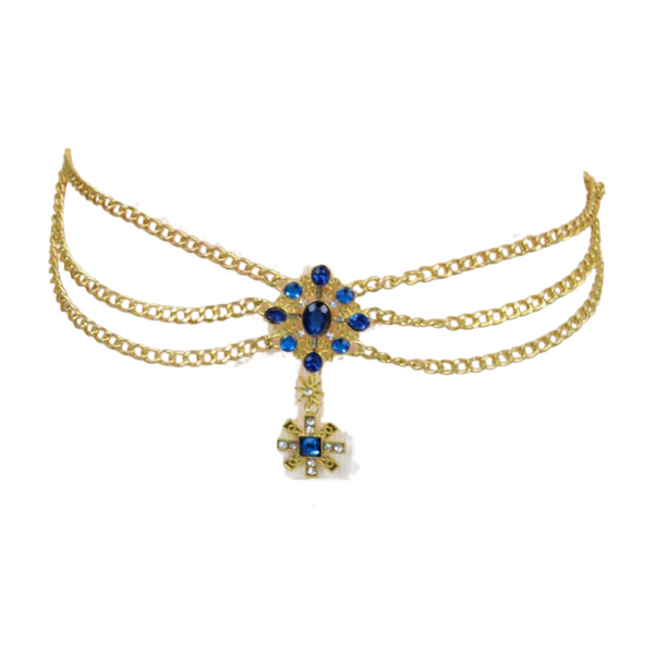 Brand New Women Rusty Gold Metal Chain Belt British Blue Cross Star Charms M
