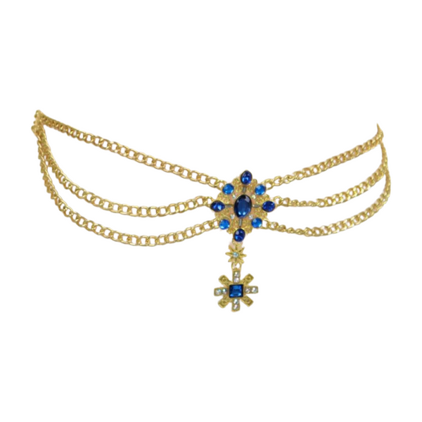 Brand New Women Rusty Gold Metal Chain Belt British Blue Cross Star Charms M