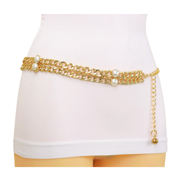 Brand New Women Gold Metal Chain Links Belt Pearl Beads S M