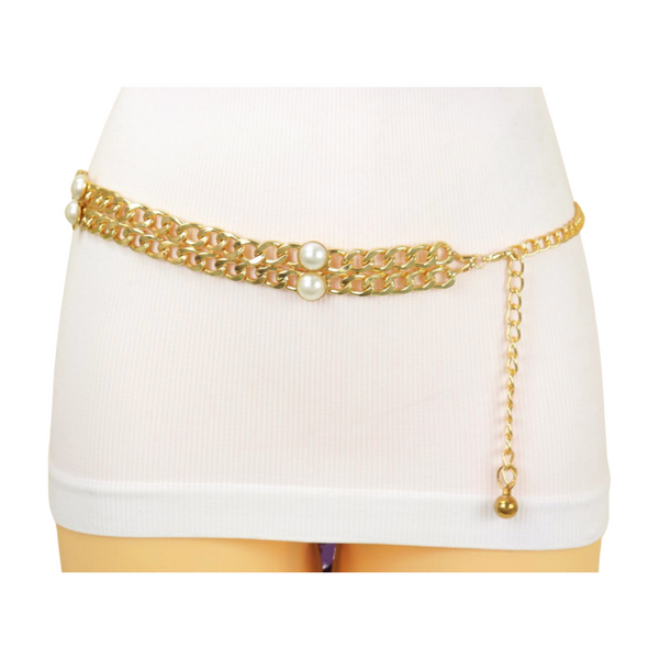 Brand New Women Gold Metal Chain Links Belt Pearl Beads S M