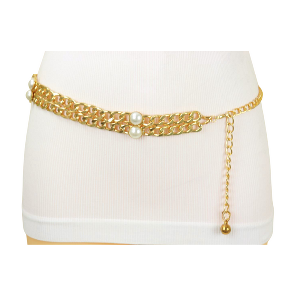 Brand New Women Gold Metal Chain Links Belt Pearl Beads S M