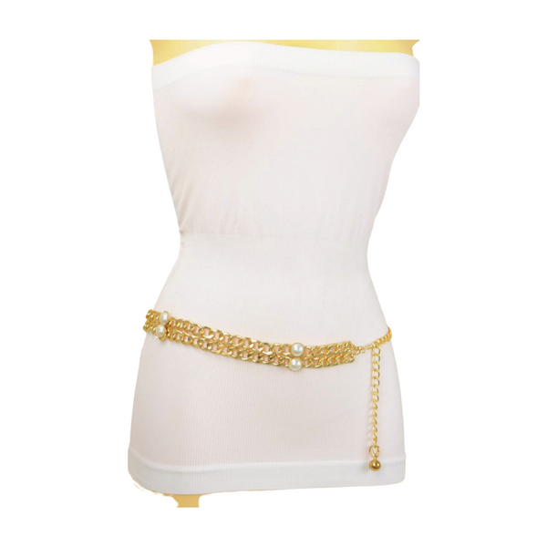 Brand New Women Gold Metal Chain Links Belt Pearl Beads S M