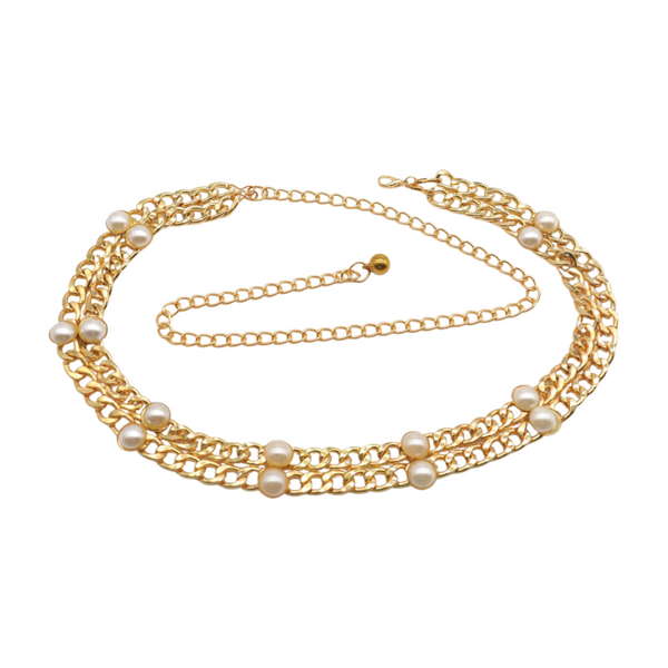 Brand New Women Gold Metal Chain Links Belt Pearl Beads S M