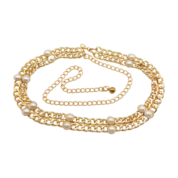 Brand New Women Gold Metal Chain Links Belt Pearl Beads S M