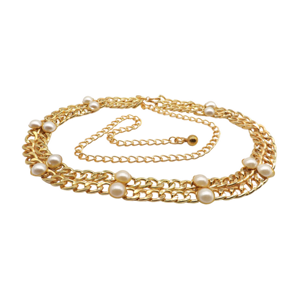 Brand New Women Gold Metal Chain Links Belt Pearl Beads S M