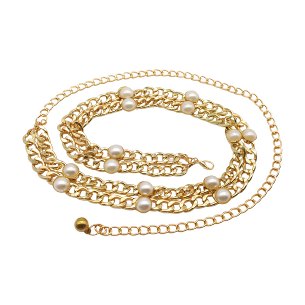 Brand New Women Gold Metal Chain Links Belt Pearl Beads S M