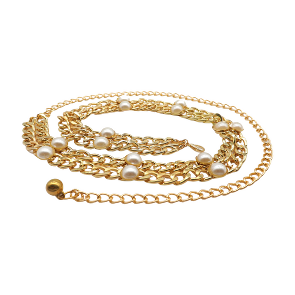 Brand New Women Gold Metal Chain Links Belt Pearl Beads S M