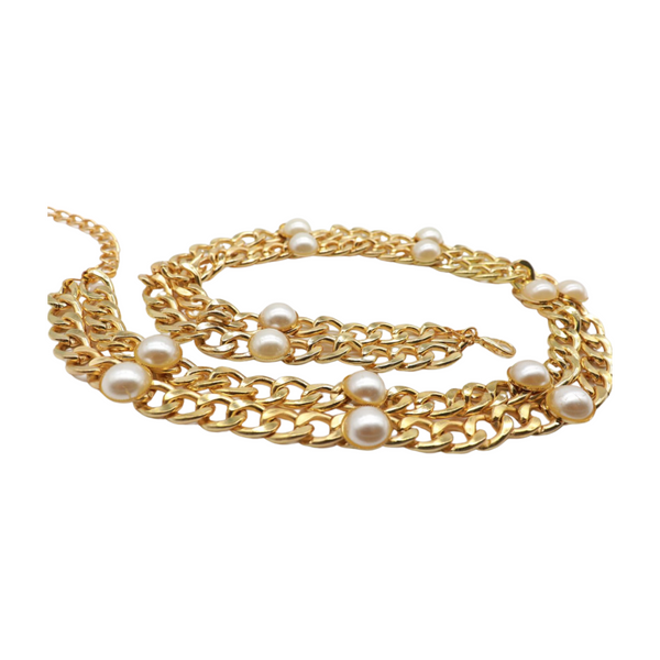 Brand New Women Gold Metal Chain Links Belt Pearl Beads S M