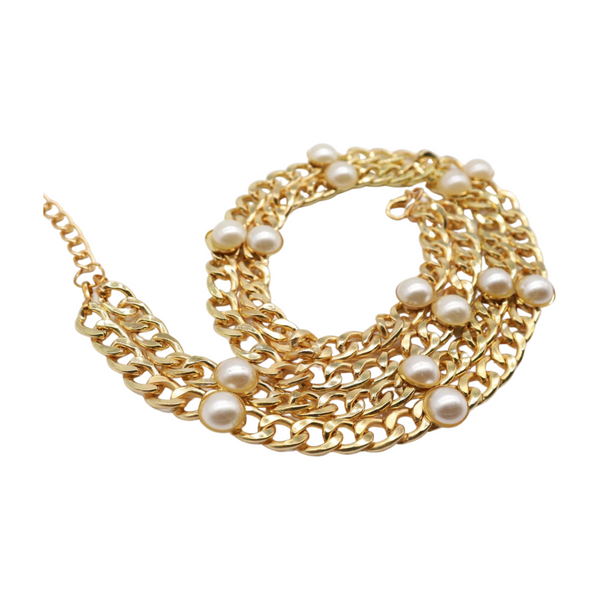 Brand New Women Gold Metal Chain Links Belt Pearl Beads S M