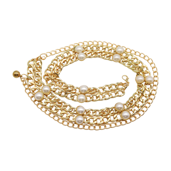 Brand New Women Gold Metal Chain Links Belt Pearl Beads S M