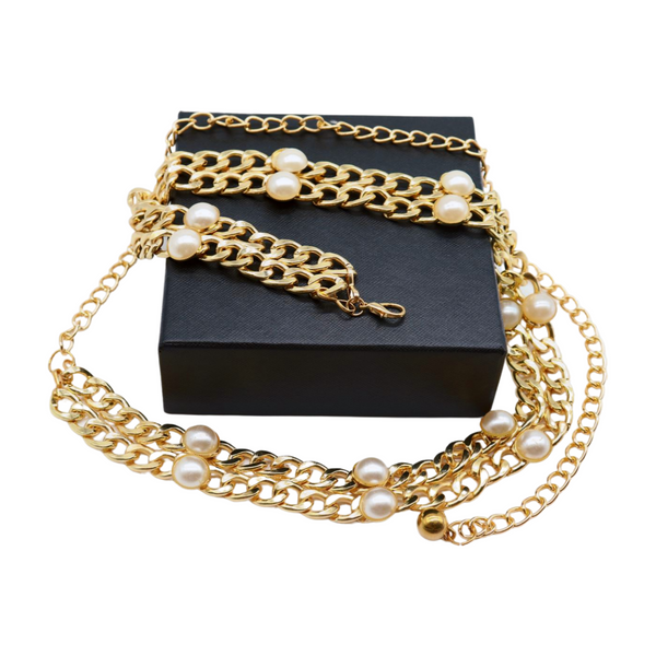Brand New Women Gold Metal Chain Links Belt Pearl Beads S M