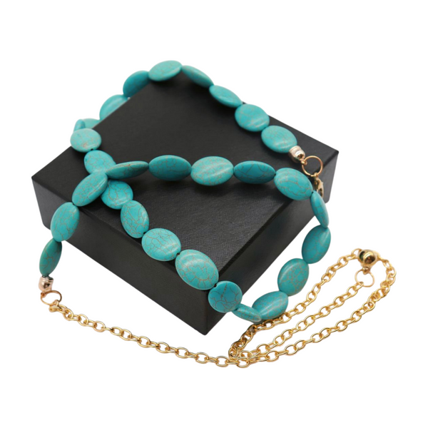 Brand New Women Turquoise Blue Beads Belt Gold Metal Chain S M L