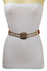 Red Elastic Waistband Belt Gold Metal Square Buckle Fit Size S M