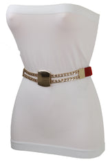 Red Elastic Waistband Belt Gold Metal Square Buckle Fit Size S M