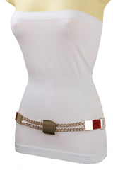 Red Elastic Waistband Belt Gold Metal Square Buckle Fit Size S M