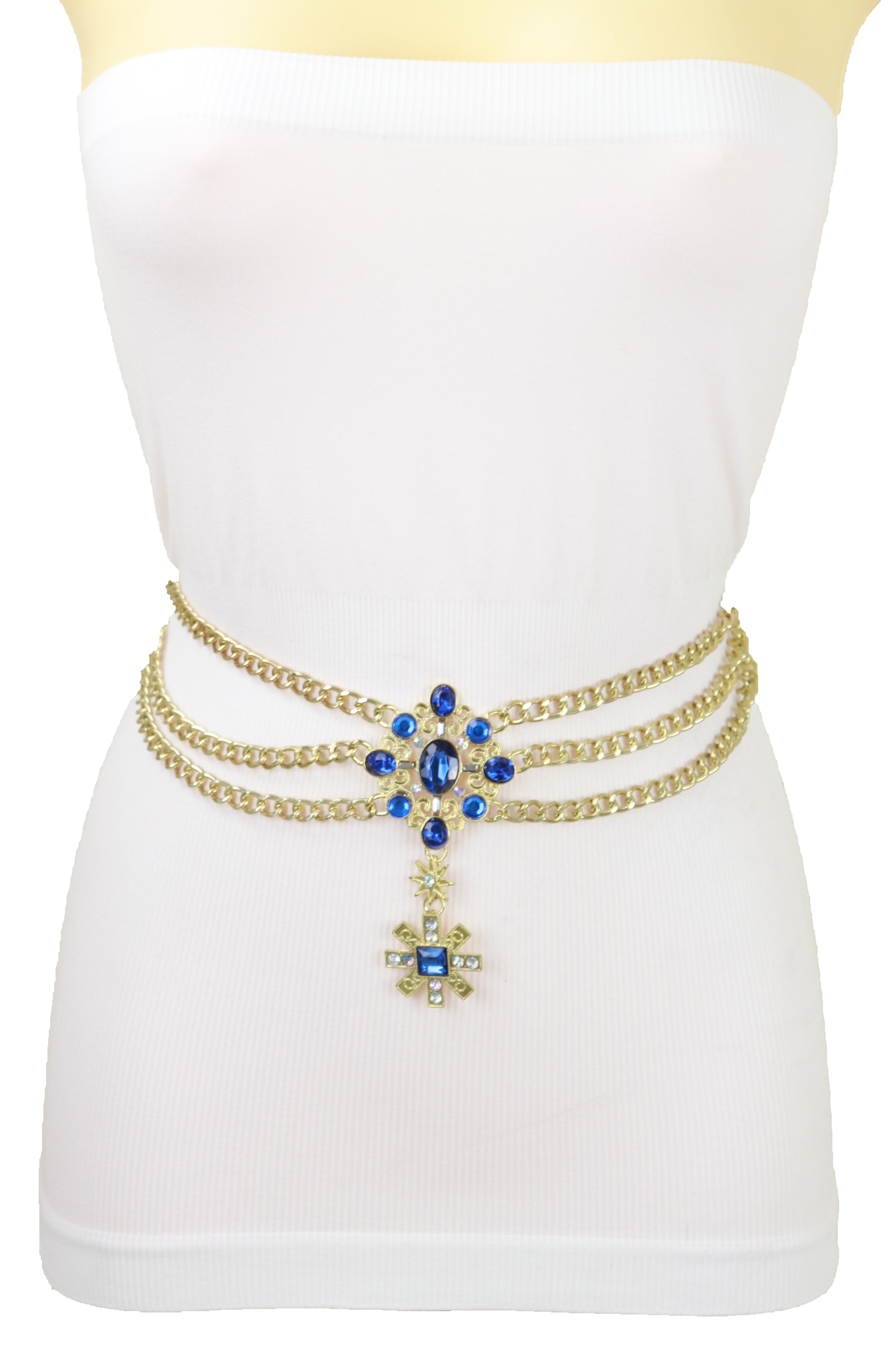 Rusty Gold Metal Chain Belt British Blue Cross Star Charms M