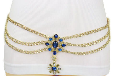Brand New Women Rusty Gold Metal Chain Belt British Blue Cross Star Charms M