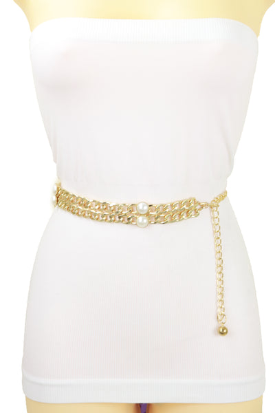 Brand New Women Gold Metal Chain Links Belt Pearl Beads S M