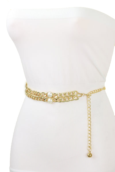 Brand New Women Gold Metal Chain Links Belt Pearl Beads S M