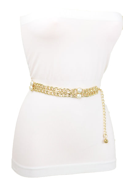 Brand New Women Gold Metal Chain Links Belt Pearl Beads S M