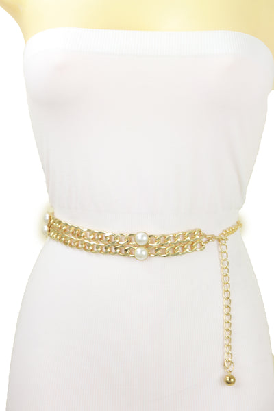 Brand New Women Gold Metal Chain Links Belt Pearl Beads S M