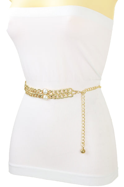 Brand New Women Gold Metal Chain Links Belt Pearl Beads S M