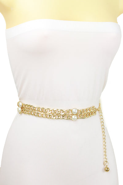 Brand New Women Gold Metal Chain Links Belt Pearl Beads S M