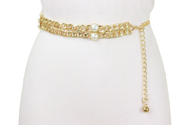 Brand New Women Gold Metal Chain Links Belt Pearl Beads S M