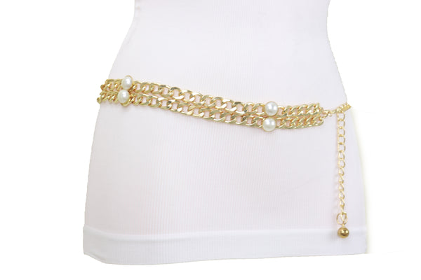 Brand New Women Gold Metal Chain Links Belt Pearl Beads S M