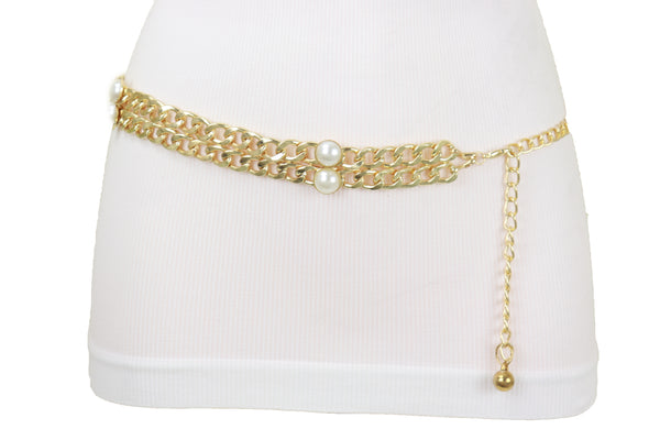 Brand New Women Gold Metal Chain Links Belt Pearl Beads S M
