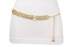 Gold Metal Chain Links Belt Pearl Beads S M