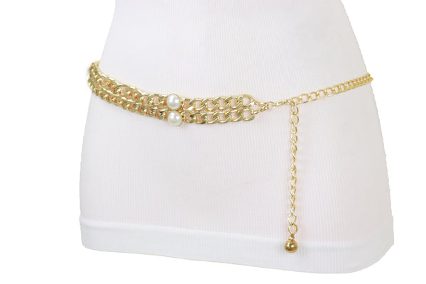 Brand New Women Gold Metal Chain Links Belt Pearl Beads S M