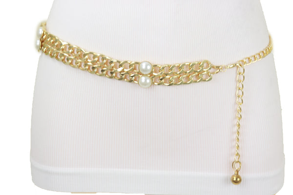 Brand New Women Gold Metal Chain Links Belt Pearl Beads S M