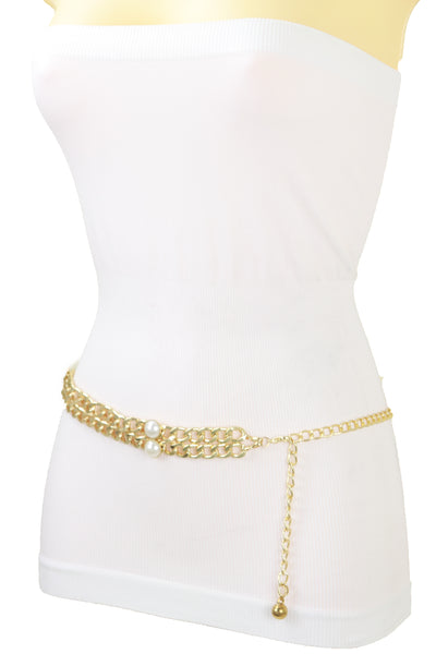 Brand New Women Gold Metal Chain Links Belt Pearl Beads S M