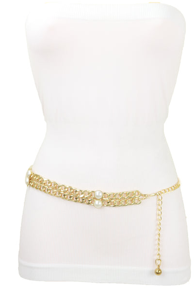 Brand New Women Gold Metal Chain Links Belt Pearl Beads S M