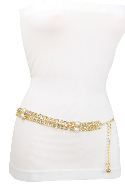 Brand New Women Gold Metal Chain Links Belt Pearl Beads S M