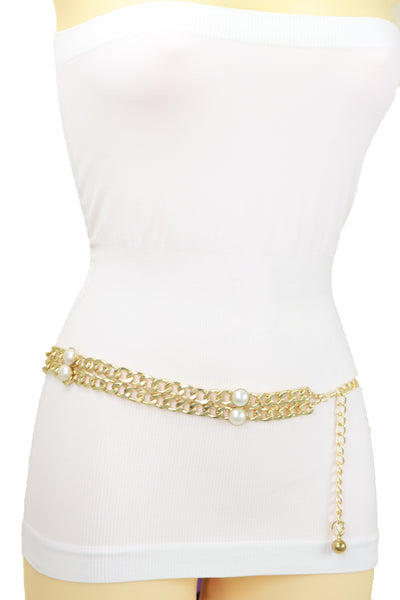 Brand New Women Gold Metal Chain Links Belt Pearl Beads S M