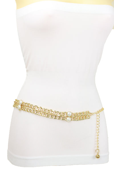 Brand New Women Gold Metal Chain Links Belt Pearl Beads S M