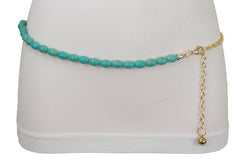 Turquoise Blue Beads Belt Hip High Waist Gold Metal Chain S M L