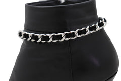 Brand New Women Silver Metal Boot Chain Bracelet Shoe Anklet Black Fabric Band Charm SET BC130