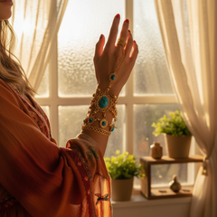 NEW Women Gold Metal Hand Chain Cuff Bracelet Ring Turquoise Blue Color Beads