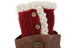 Brand New Women Boots Cover Topper Pair Red Winter Fabric Slip On White Crochet + Buttons