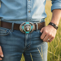 New Men Western Belt Buckle Silver Metal Bear Hunter Western Cowboy Country Side