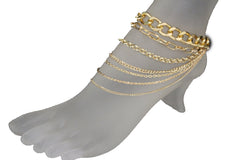Brand New Women Gold Metal 1 Foot Chain Bracelet Shoe Anklet Multi Strands Charm BC310