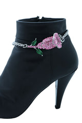 Brand New Women Silver Metal Boot Chain Bracelet Shoe Anklet Pink Flower Charm SET BC144