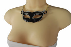 Brand New Women’s Masquerade Pendant Necklace Women Black Rhinestone Mask Gold Chain Jewelry  -   WN26