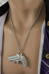 Brand New Men Silver Metal Fashion Necklace Bling Gun Charm Pendant      M1