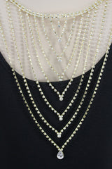Gold Tone Rhinestone Waterfall Back Necklace, Open Back Wedding Dress Jewelry, Layered Bridal Back Chain, Clear Teardrop Drop WN80